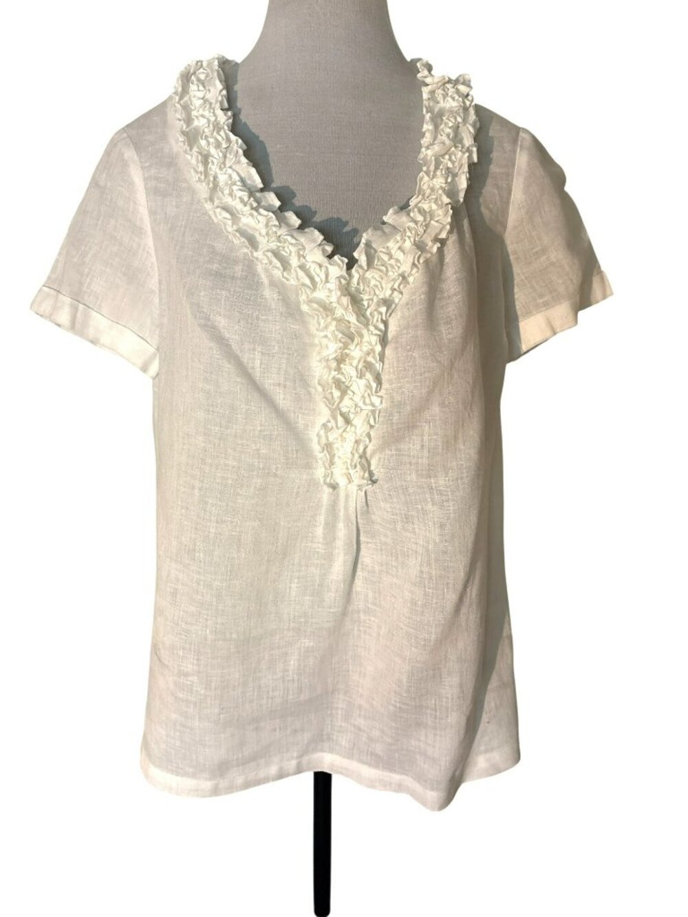 Talbots White Linen Ruffle V-Neck Short Sleeve Blouse  Size 6